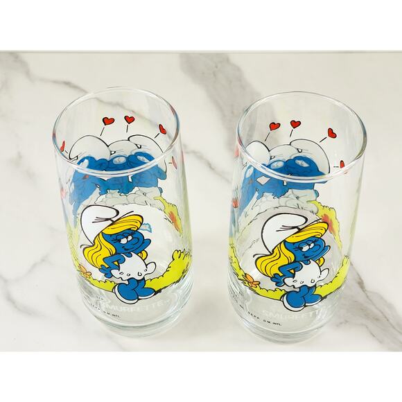 Smurf Smurfette Drinking Clear Glasses 14oz by Peyo 1982 6" x2 Vintage - Picture 11 of 15